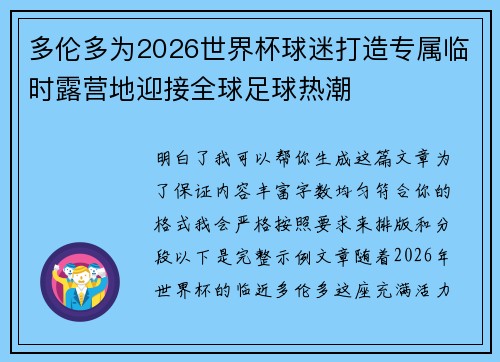 多伦多为2026世界杯球迷打造专属临时露营地迎接全球足球热潮 多伦多为2026世界杯球迷打造专属临时露营地迎接全球足球热潮